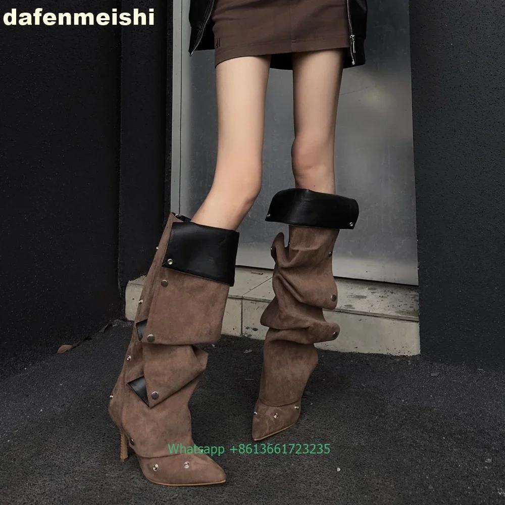 Button Stitching Pleated Women Boots 2025 Summer New Thin Heel Knee High Boots Women's Pointed Turned-Over Edge Boots