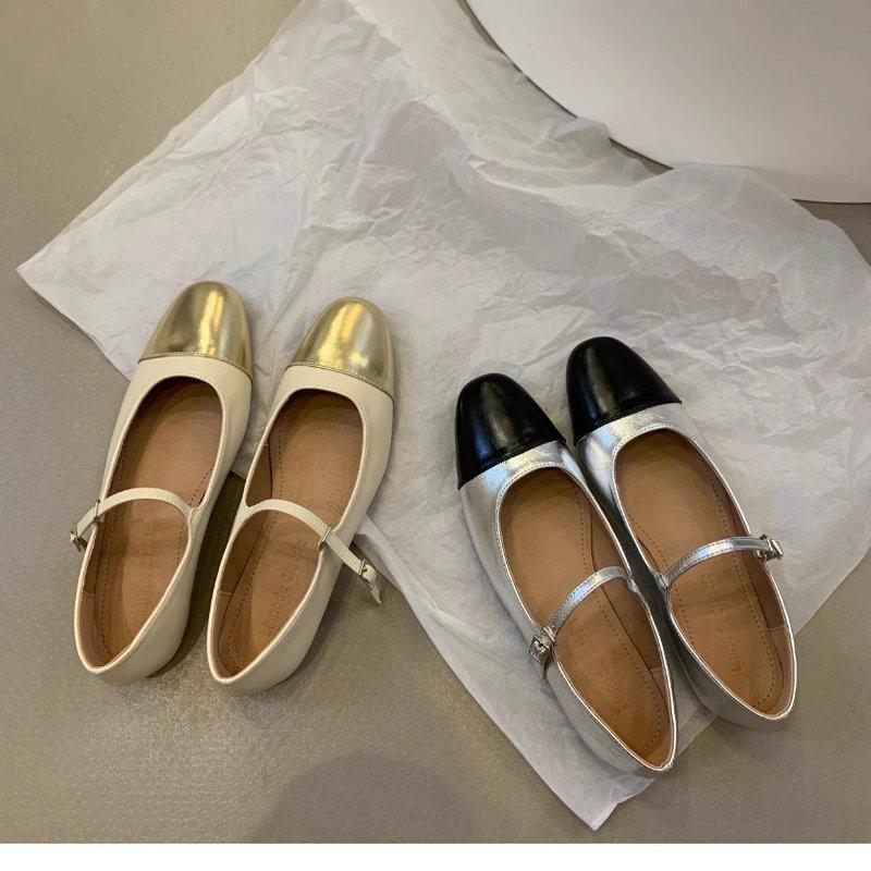 Fashion French Gold Flat Shoes for Women's 2025 New Spring Autumn Silver Mary Jane Women Shoes Scoop Shoes Ladies Plus Size 42 43 44
