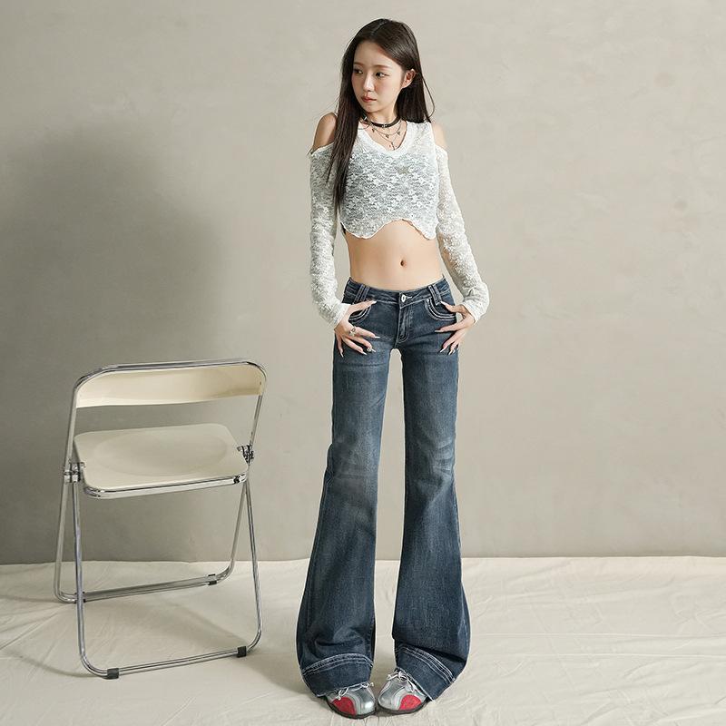 American low-rise micro-pull jeans women's autumn and winter new small elastic slim-fitting thin horn pants