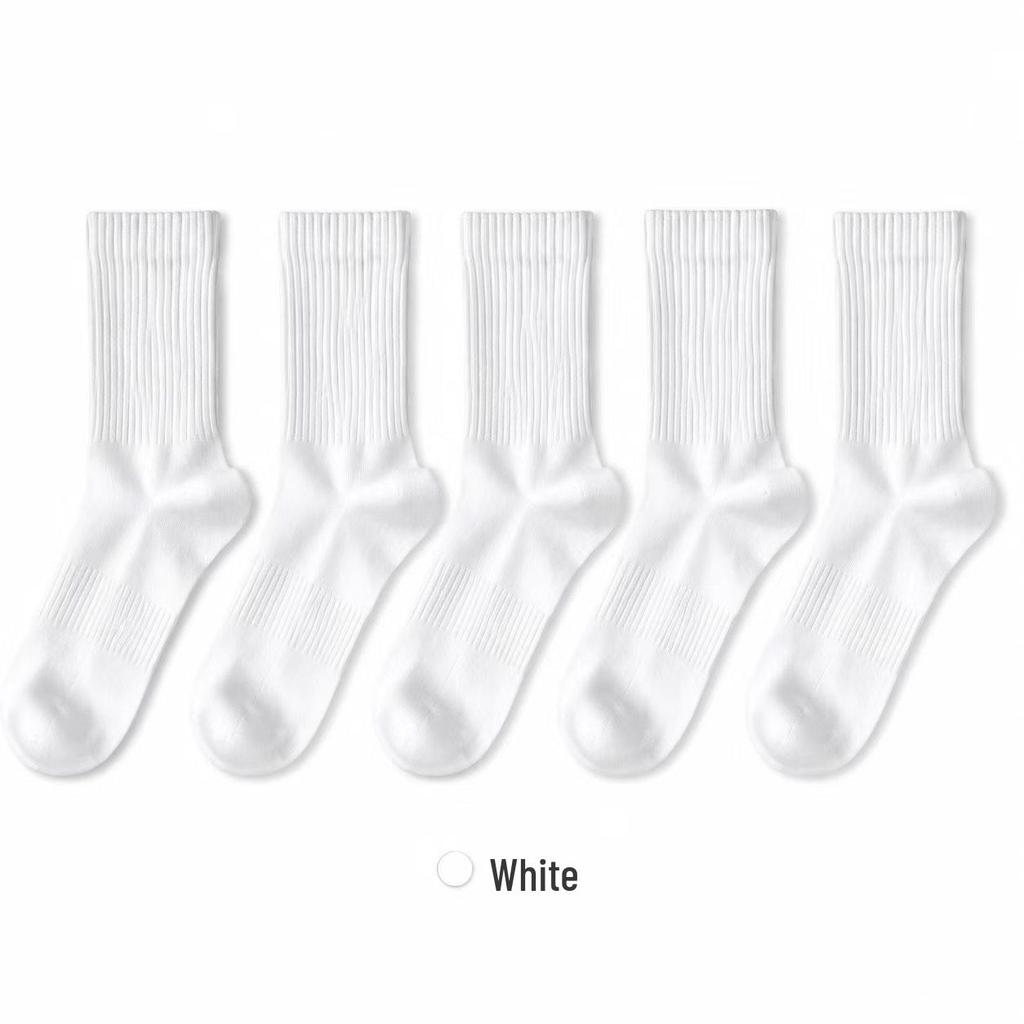 5-Pair Unisex All-Season White Mid-Calf Cotton Socks - Breathable, Sweat-Absorbent, Sporty, Versatile.