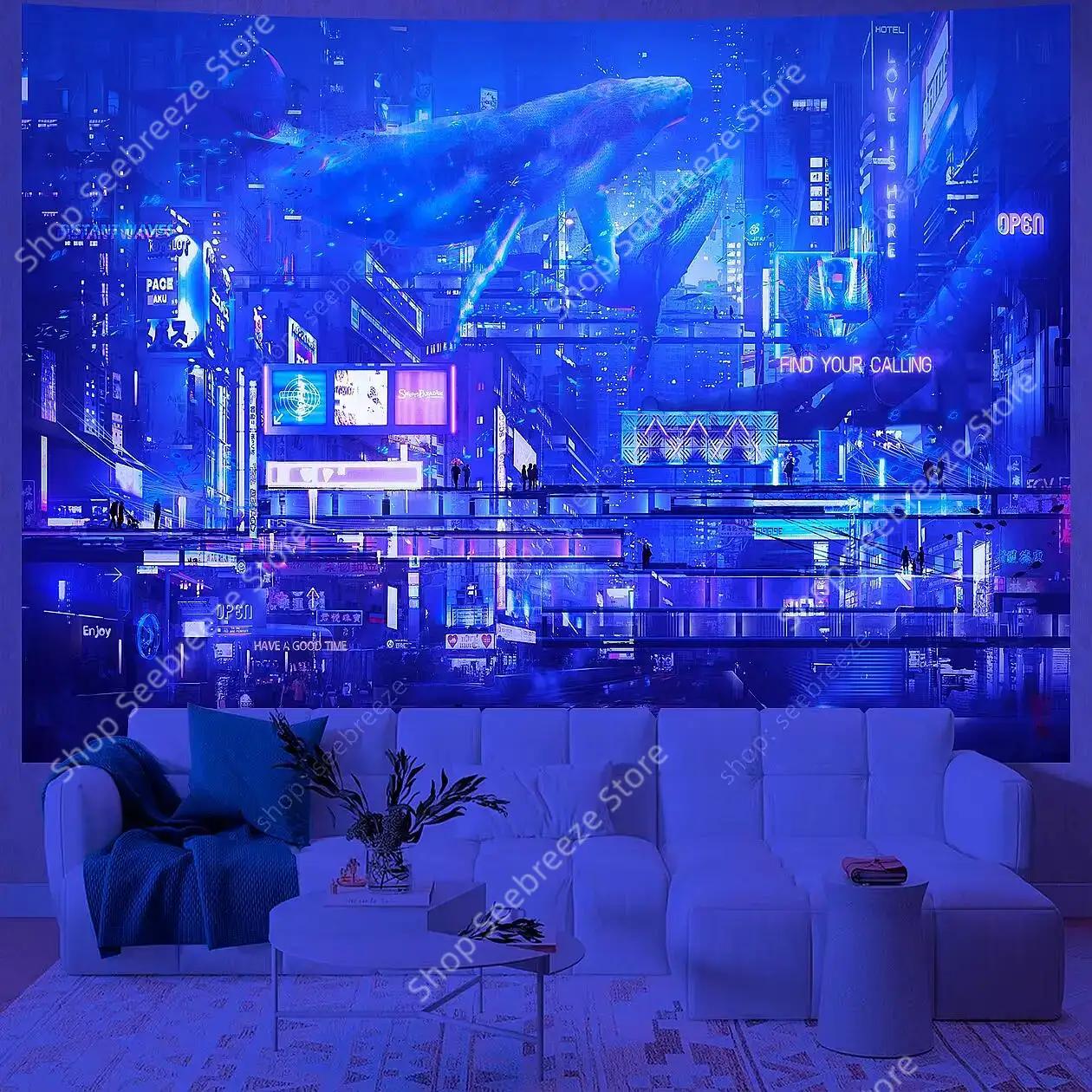 Psychedelic Planet City Skyscrapers UV Reactive Tapestry Wall Hanging Neon Background Gothic Room Decor Aesthetic Curtain Cloth 100X70CM