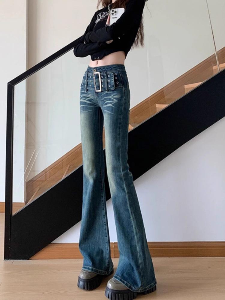 

American Retro Low-Rise Flare Jeans with Belt Detail for Women - Early Autumn Design S