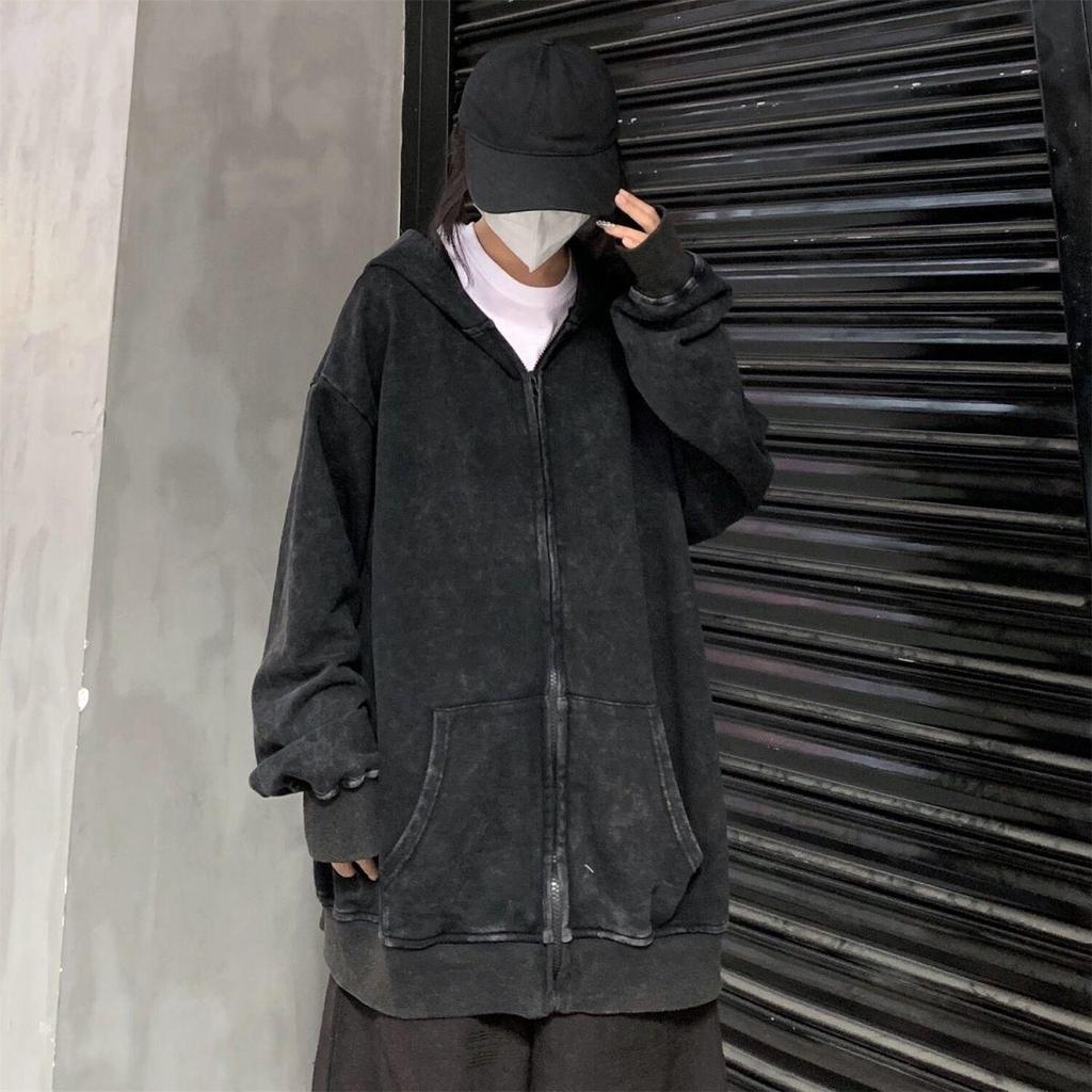 Gewaschene Distressed Hoodies Streetwear Damen Grunge Gothic Oversize Langarm Zip Up Hoodie Vintage Paar Cardigan