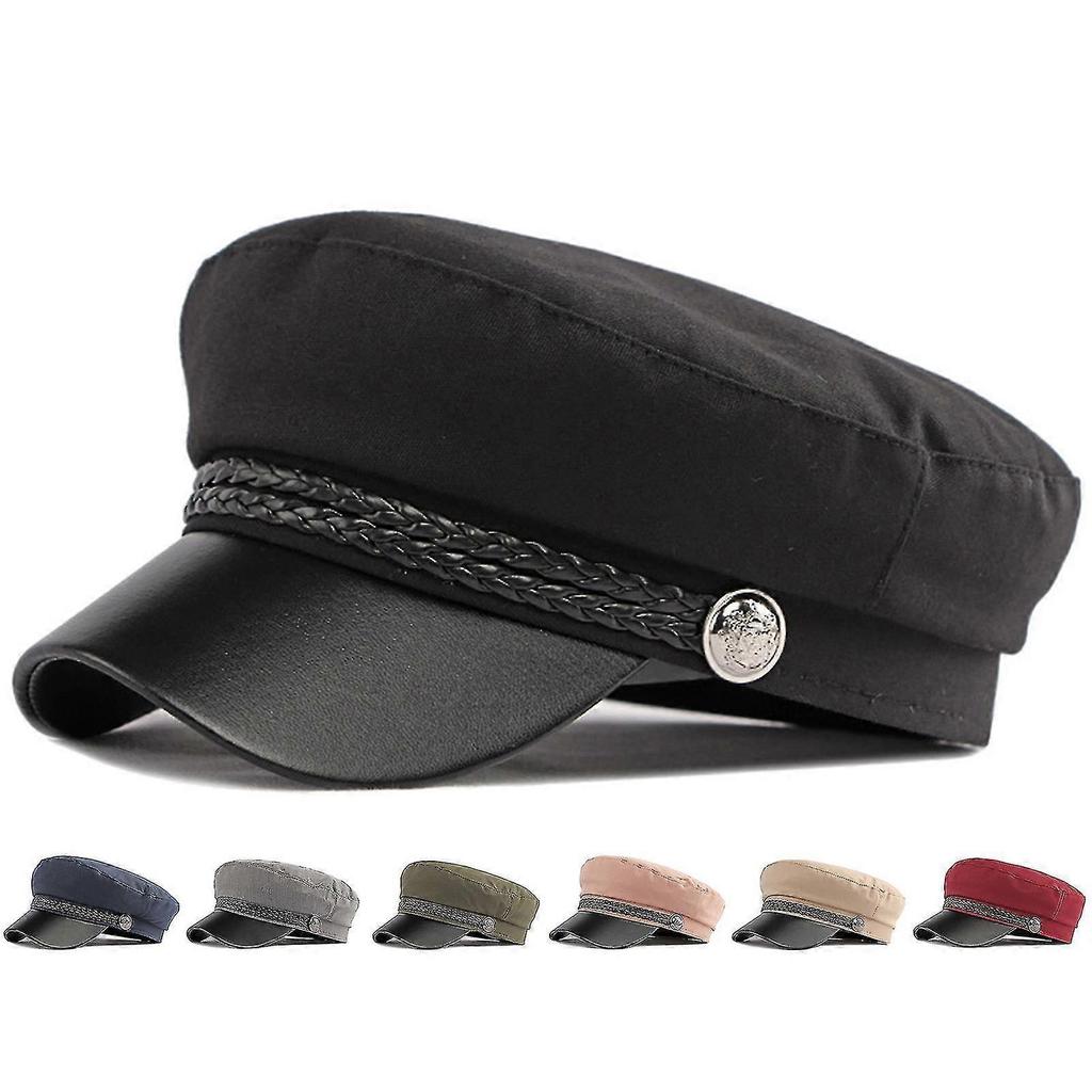 Spring Autumn Women Captain Cap Faux Leather Brim Flat Top Braided Decoration Cap Contrast Color Adjustable Sailor Hat For Vacation