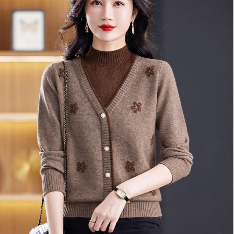 Women's Semi-turtleneck Sweater Autumn Winter Thickened Printed Color-block Knit Sweater Loose Jacquard Pullover Knit Top Outwear