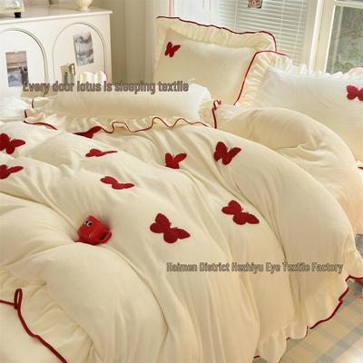Butterfly High Fly Warm Velvet Winter Bedding Set - Flannel Duvet Cover, Cream Style, 4 Pieces.