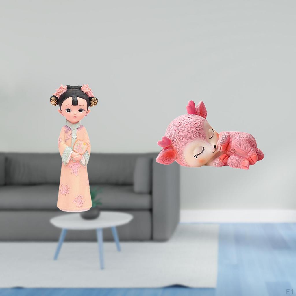 Traditional Chinese Girl Resin Statue Sculpture And Cute Sleeping Deer Figurine Miniature Desktop