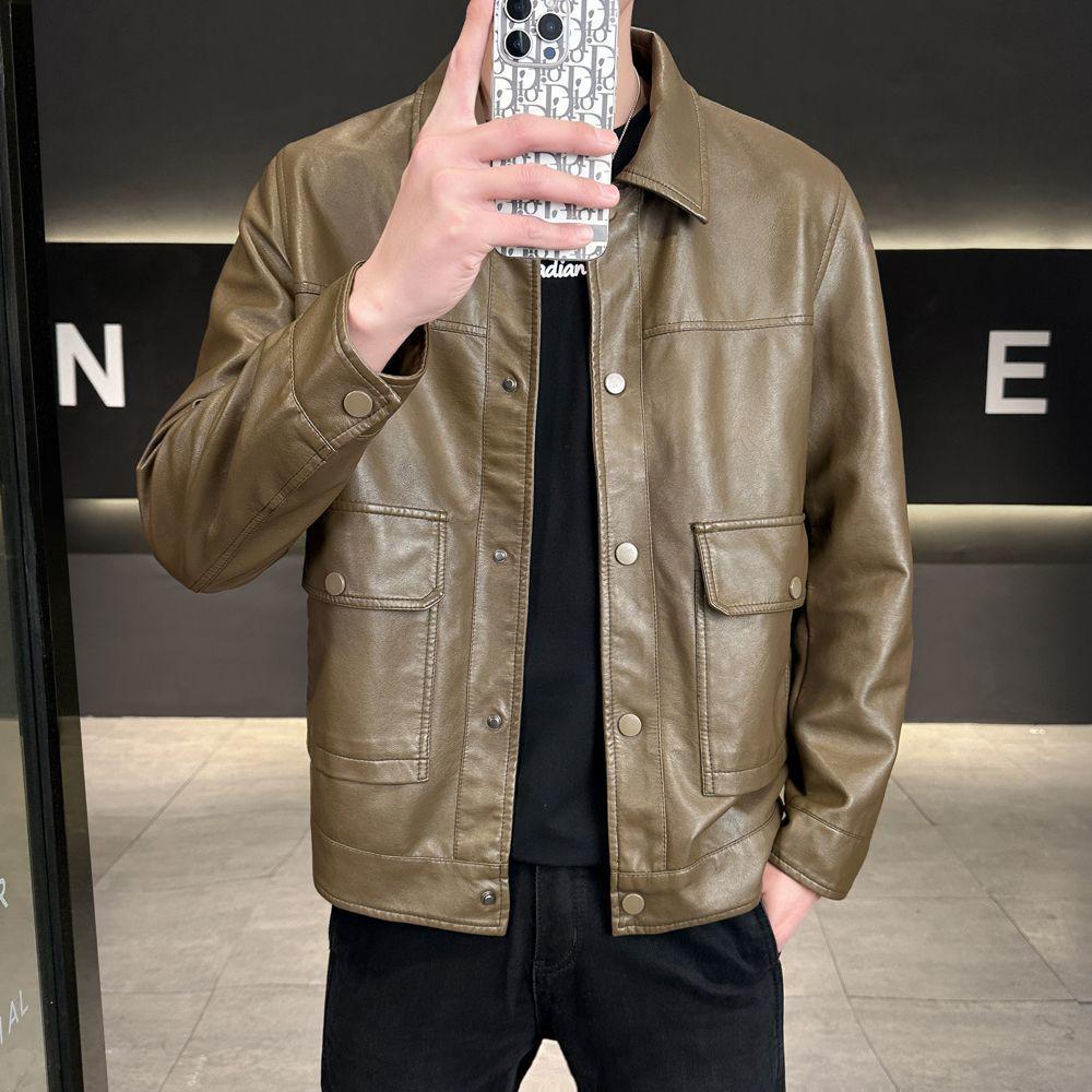 Men's Casual Tricolor Slim Fit Leather Motorcycle Jacket with New Lapel Trend (2025)