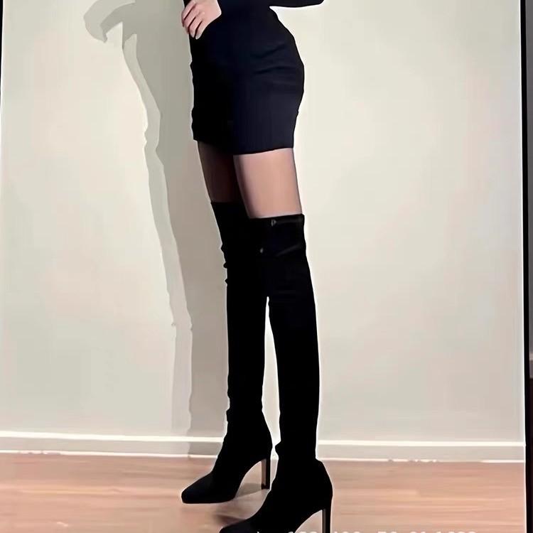 [New] Pointed Suede Over Knee Elastic Boots Thick Heel Black High Heel Boots Sexy Skinny Boots Boots Women