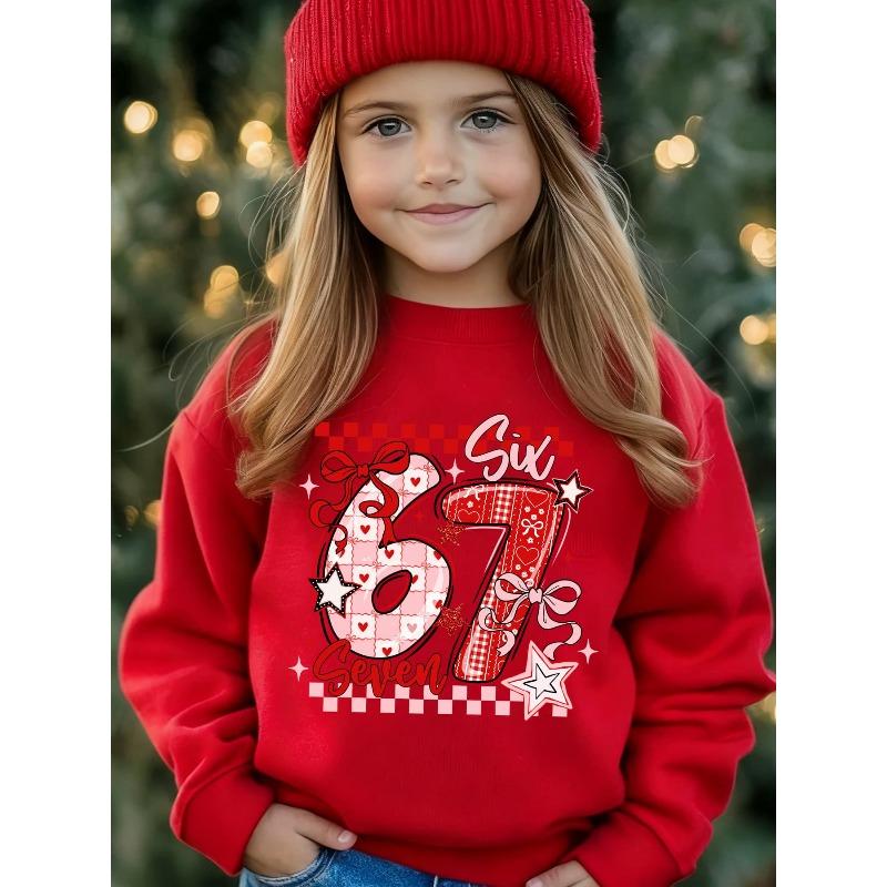 Unisex Kids Red Crewneck Sweatshirt For 4-12 Girls Heart Plaid Bow Star Number 67 Six Seven Print Soft Fleece Long Sleeve Pullover
