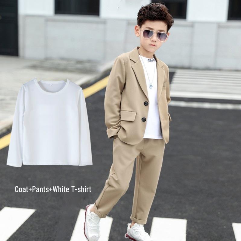 High Street Handsome Three-Piece Boy's Suit: White Long-Sleeve Shirt & Street Style Casual Set for Kids