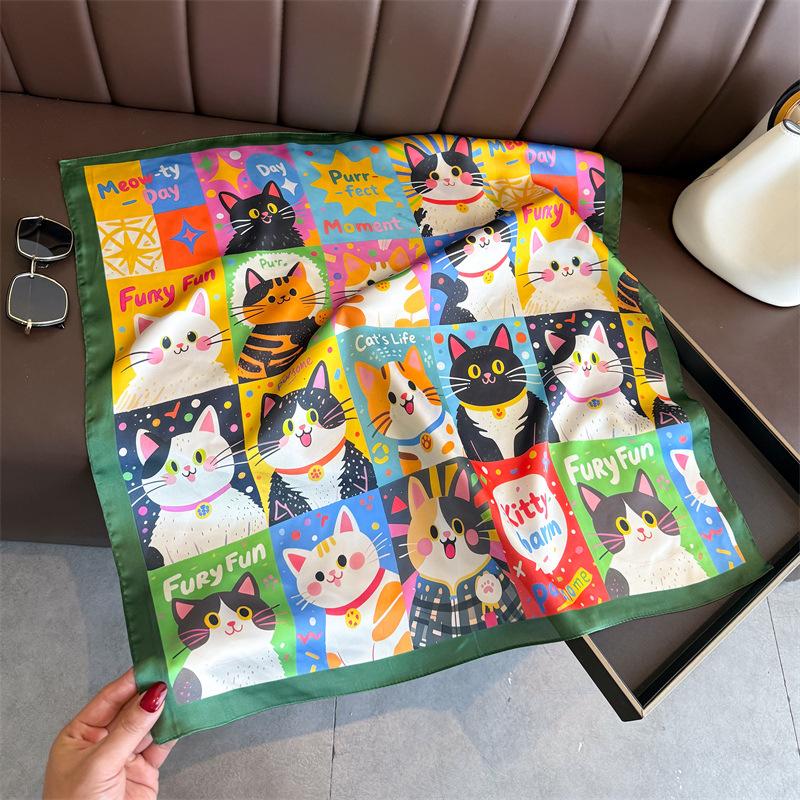 70cm Luxury Brand 2026 Silk Square Scarf Women Cat Neck Hair Tie Band Beach Hijab Kerchief Head Headbands Bandana Female Foulard