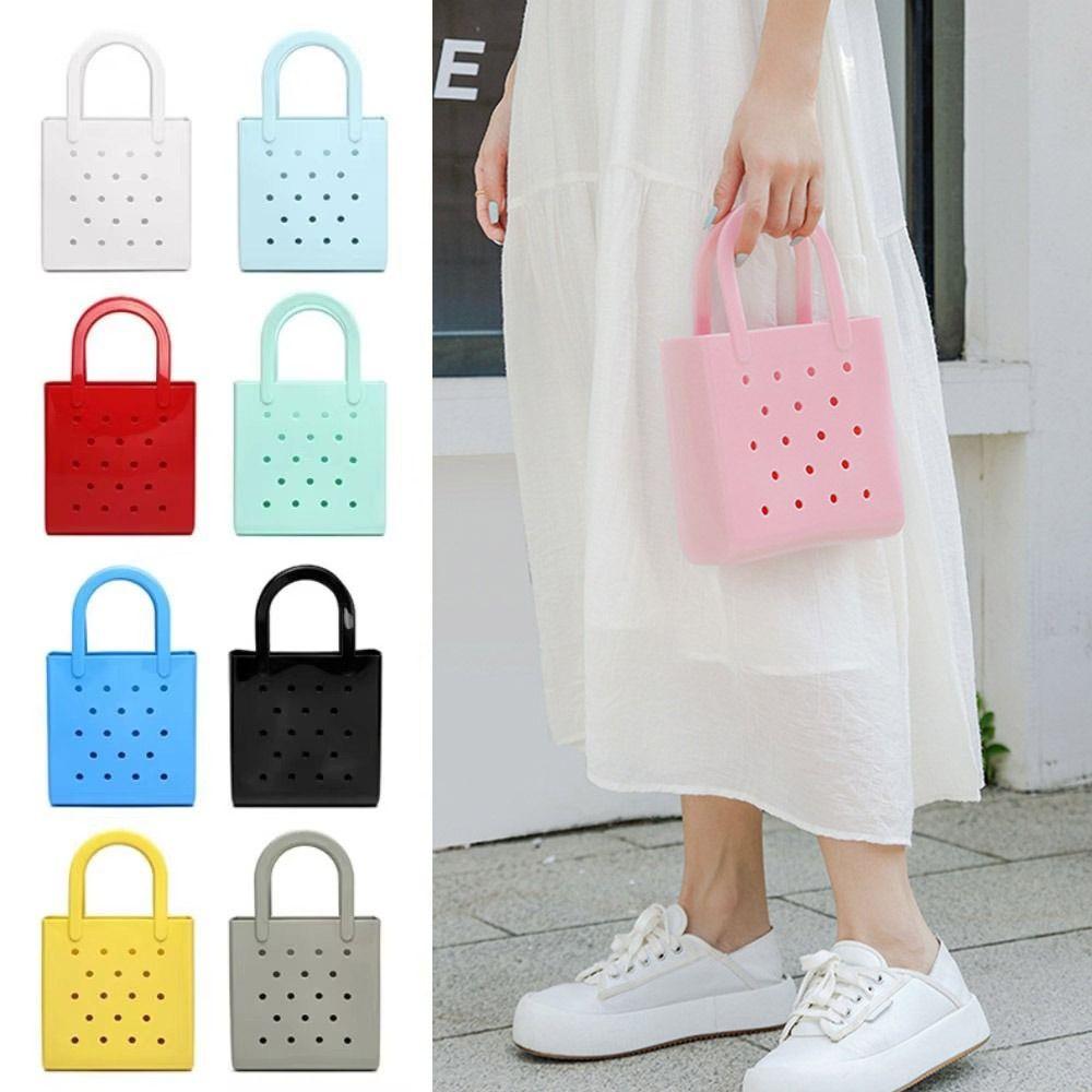 Waterproof Summer Beach Bag Solid Color Jelly Tote Bag Portable Rubber Hole Handbags  Baskets