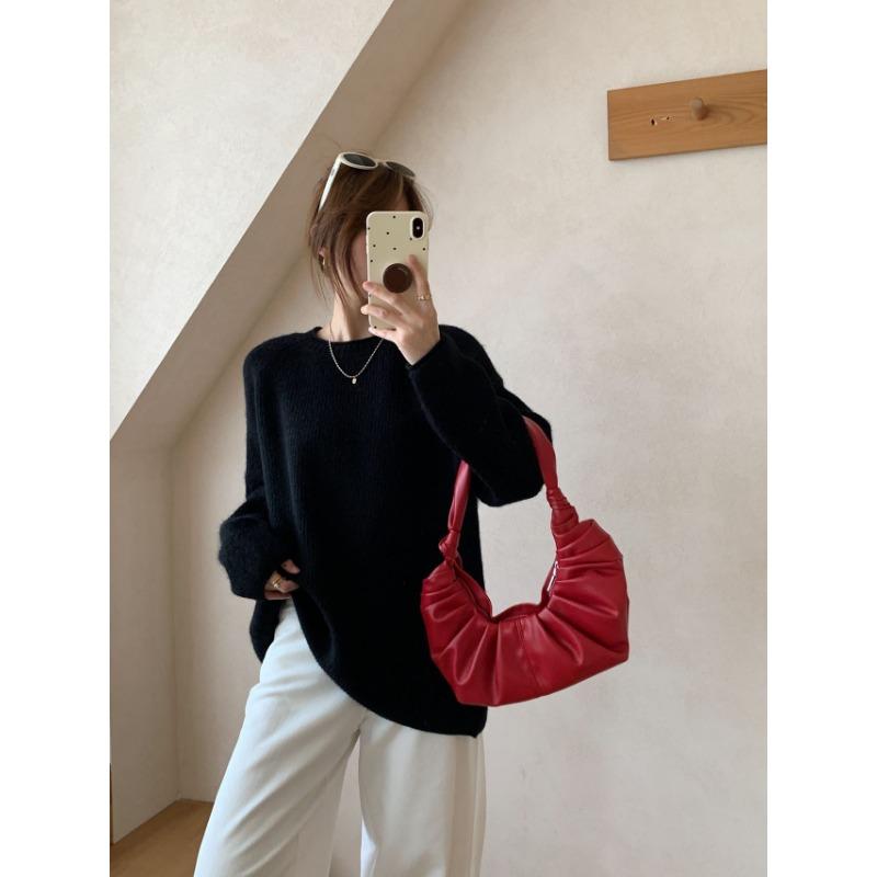 

Свободный повседневный стиль вязаный свитер женский осень и зима новый однотонный круглый вырез с закрученным краем рукава с необработанным краем пуловер average size чёрный