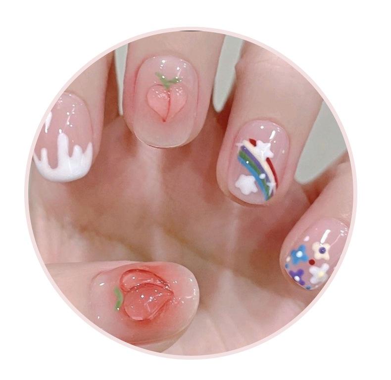 And Cute Naked Sweet Short Handmade Nail Art With Rainbow  Peach Flowers