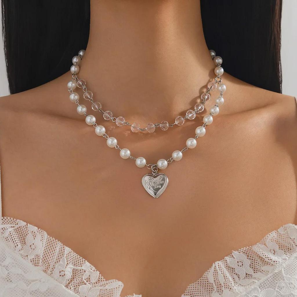 European & American Multi-layer Pearl Beaded Clavicle Necklace with Love Alloy Pendant