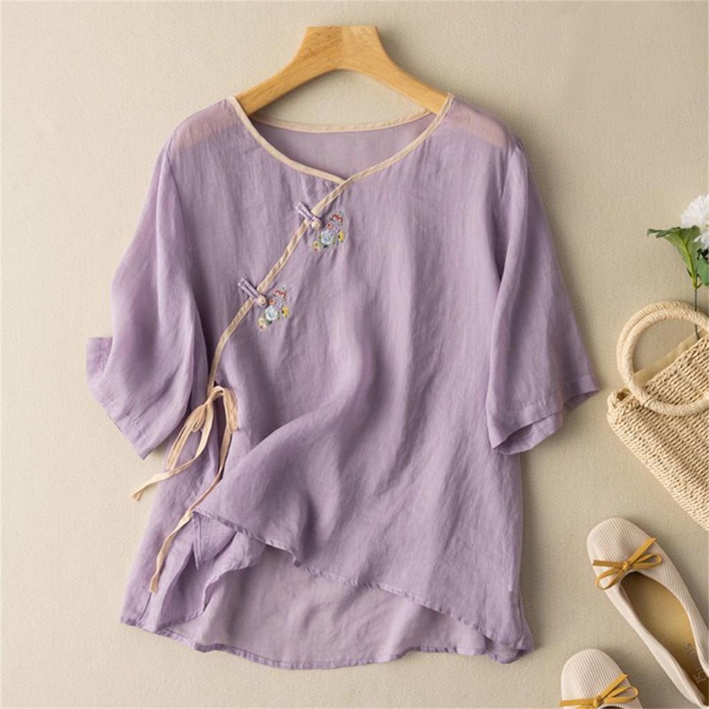 Damen Bluse im Vintage-Stil, lockere Passform, bestickt, Knopfleiste vorne, Baumwoll-Leinen-Mischung, Dreiviertelärmel