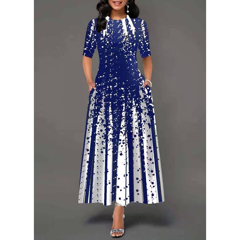 2025 New Women's Fashion Personalized Gradient Positioning Printed Round Neck Middle Sleeve Large Swing Dress