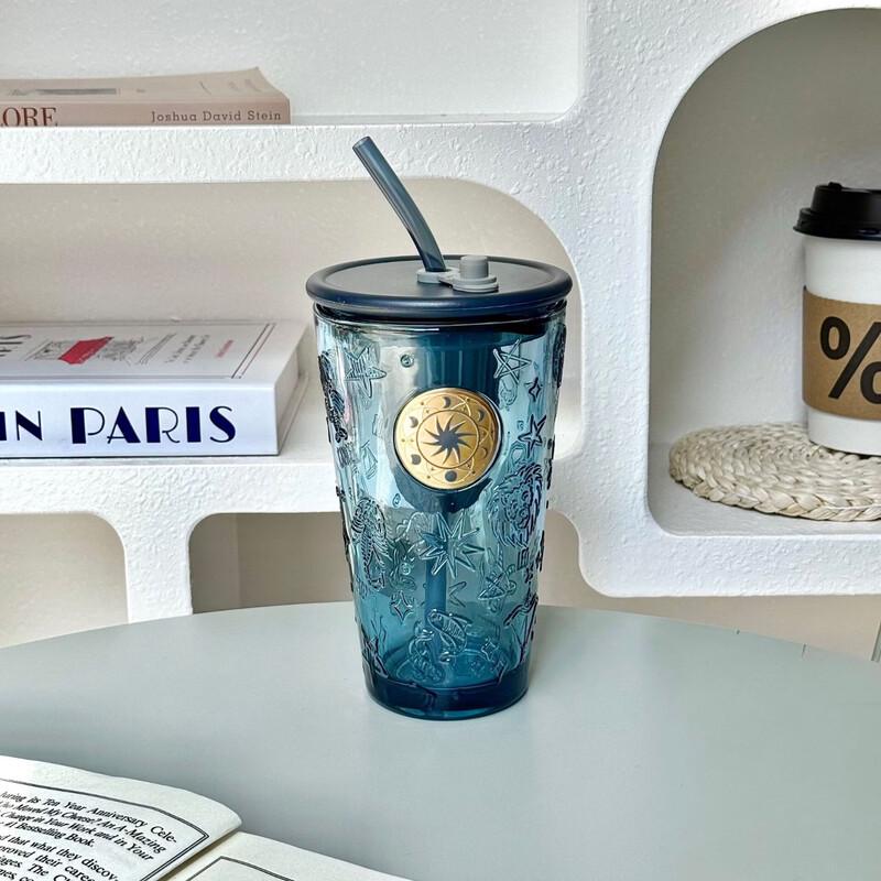 Shangqi 450ML Embossed Glass Water Bottle with Straw