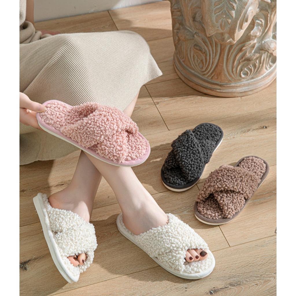 Plüschschuhe, Überkreuzriemen, Baumwollpantoffeln, Damenschuhe, Hausschuhe, Plüsch-Baumwollpantoffeln