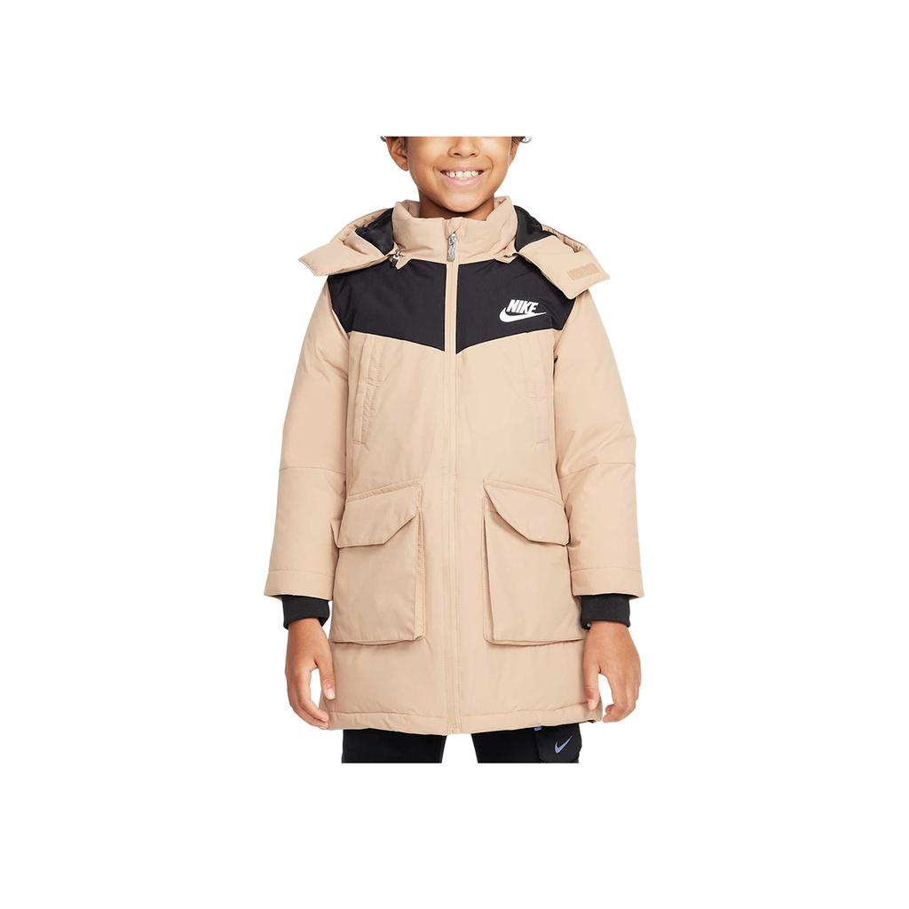 Nike Comfortable Color Block Hooded Duck Down Mid-Length Jacket Kids outerwear Khaki HV7185-200