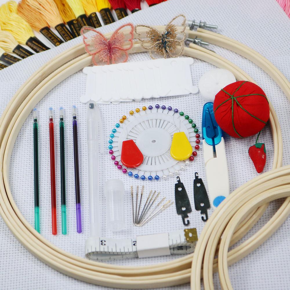 5 Bambus-Stickrahmen, Russische Stickerei 100 Farben Stickgarn Sticktuch Zubehör Werkzeuge, Kreuzstich-Schuppen-Set