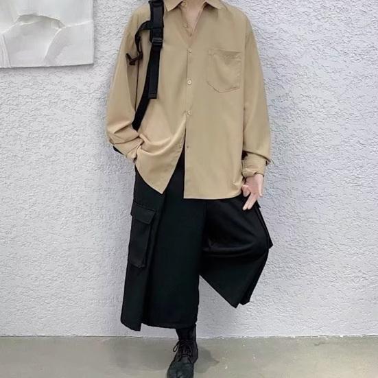Chemise homme printemps-automne col rabattu coupe ample style rétro japonais simple boutonnage