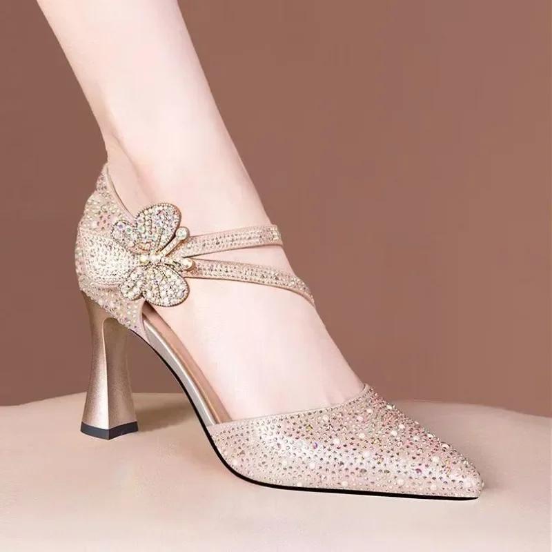 Women Sandals 2025 New Luxury Shoes Korean Style Casual Hollow Shoes for Women Trendy Pointed Toe High Heels Sandals