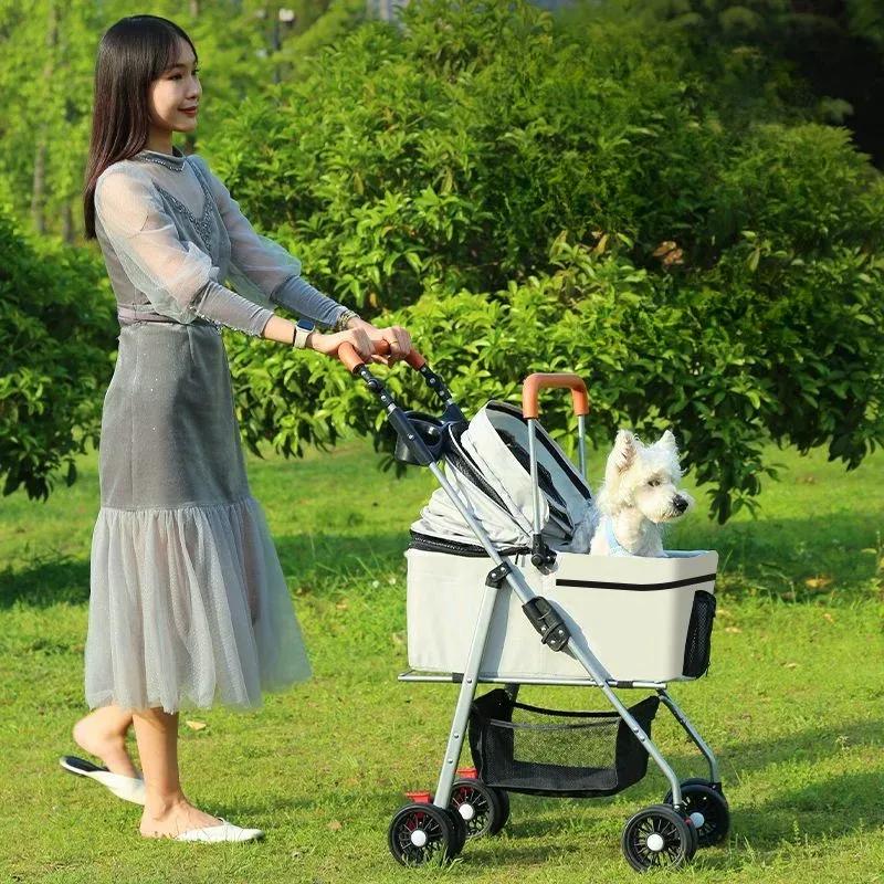 High-view Lightweight Pet Stroller Foldable Pet Dog Stroller Multi-directional Breathable Pet Stroller Detachable Basket
