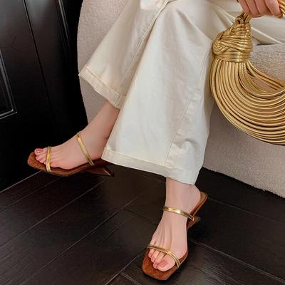 Fashion 2025 Summer Women Med Heel Designer Open Toe Mule Slippers Fashion Elegant Narrow Slides Shoes Ladies Outdoor Dress Sandalias