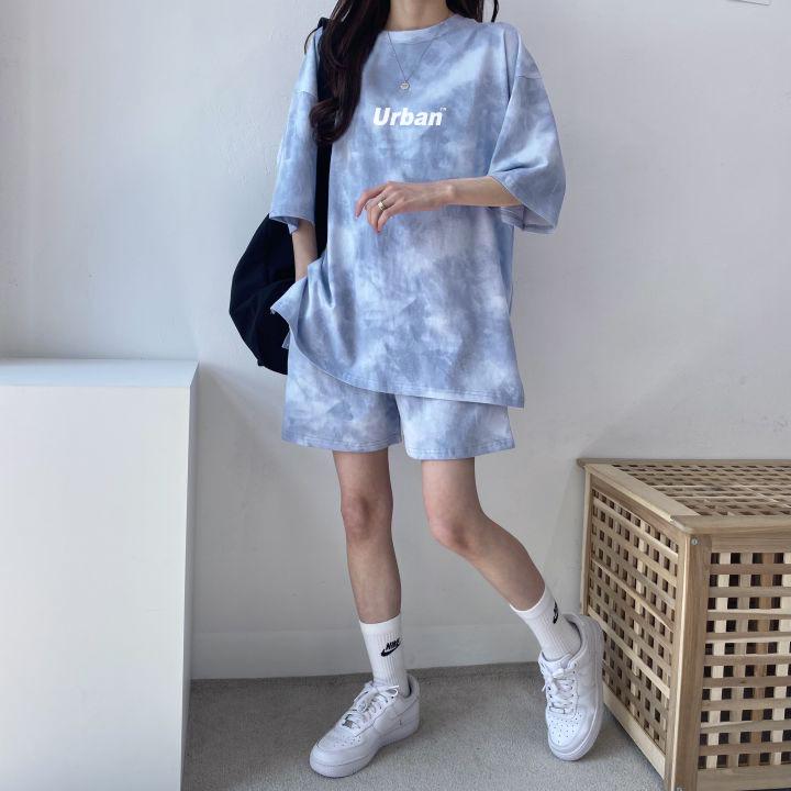 Set di pantaloncini e maglietta da donna, casual, tie-dye, larghi e larghi, con tasche, set di pantaloncini estivi morbidi da donna