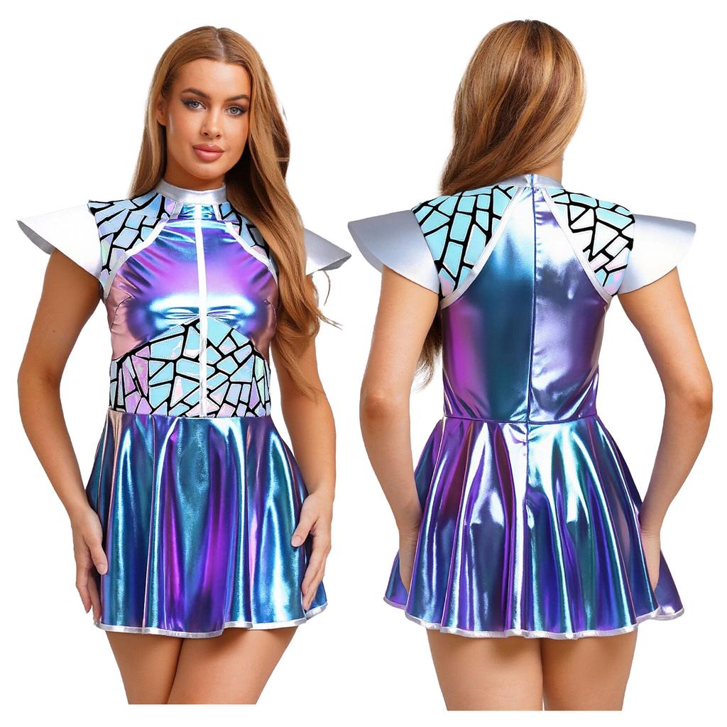 Complete Women‘s Alien Astronaut Halloween Costume S-3XL: Gradient Sequin Mini Dress with Metallic Patchwork & Fly Sleeves