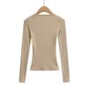 Women's Lace-Up U-Neck Slim Fit Long-Sleeve Ribbed Knit Top for Spring/Autumn