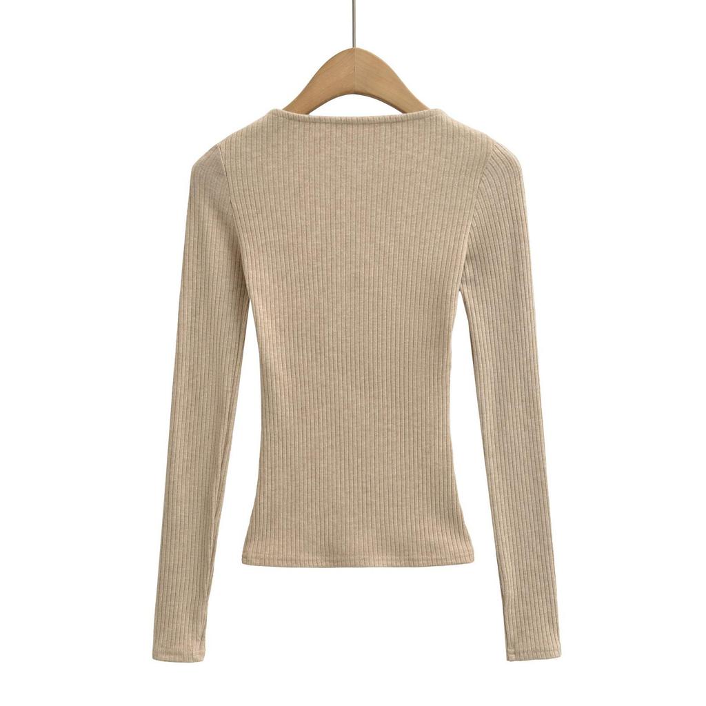 Women's Lace-Up U-Neck Slim Fit Long-Sleeve Ribbed Knit Top for Spring/Autumn