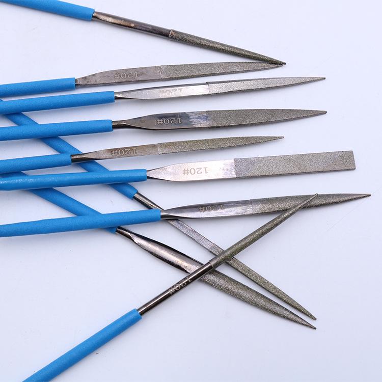 Titanium-Plated Diamond Needle File Set: Flat, Round, Bevel & Triangle Files for Metal Grinding.