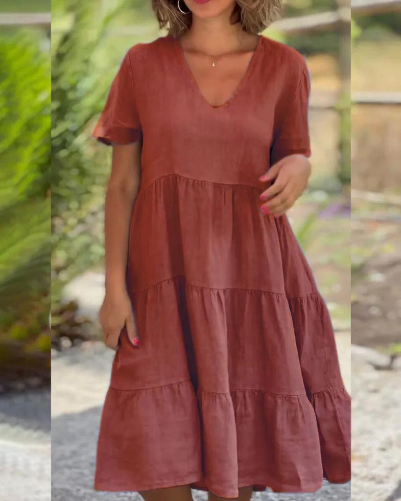 Summer V-Neck Solid Color Swing Dress for Women