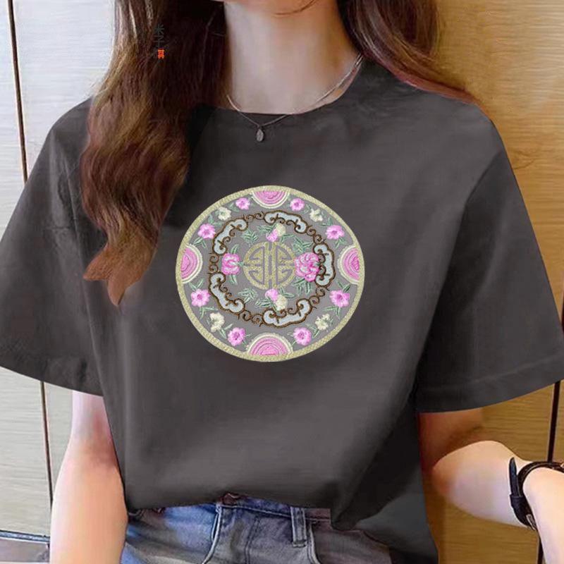 VEZFAA Damenmode Casual Sommer Frühling Blumenmuster Druck Kurzarm O-Ausschnitt Blusen & Hemden