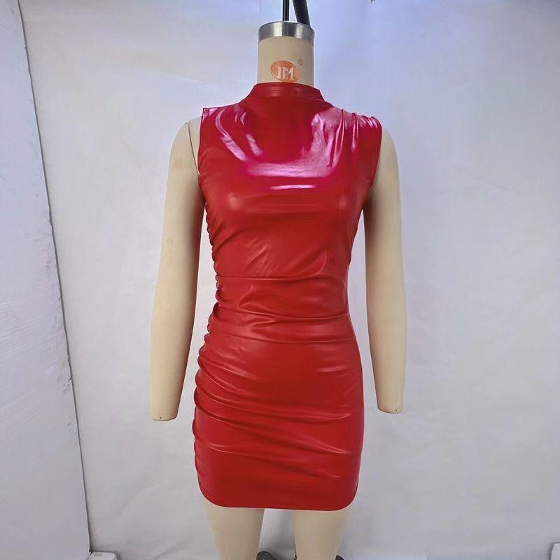 

European and American New Sleeveless Miumiu Bag Hip Pu Stand Collar Temperament Dress Pleated PU Leather Dress Red XL