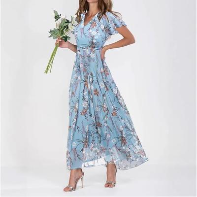 New Beach Pendulum Long Dress Chiffon Floral Short-sleeved Ruffle V-neck Fashionable Waist Dress