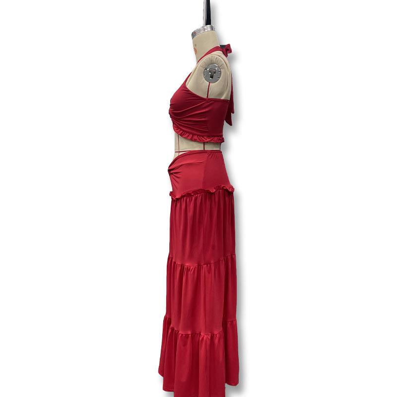 Sexy Halter Vest Skirt Sets Women Solid Crop Bikini Top Long Pleated A-line Skirts 2025 Summer Lady Casual 2 Piece Set Vacation Beach Outfit