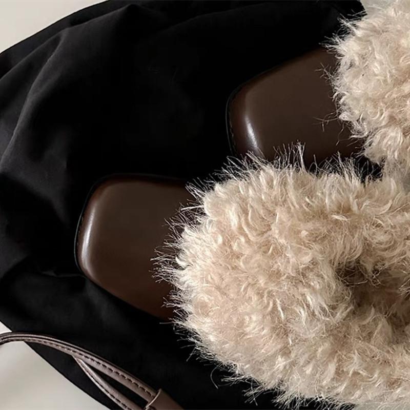 Fashion Ins style Fashion Square toe Patent Leather Wool Women Pumps Autumn Winter Warm High heels Loafers Casual Girls Chunky Shoes