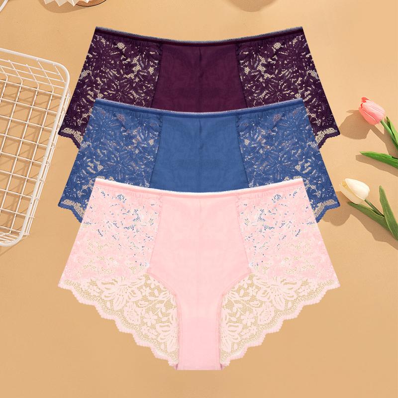 3Pcs Women's Lace Panties Sexy Hollow Out Boyshort Underwear Transparent Floral Underpants Girls Tempting Lingerie S-XXL