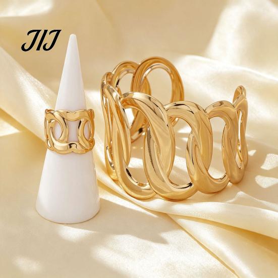 Minimalist Golden Plated Jewelry 2Pcs Hollow Twisted Statement Set, Open Adjustable Cuff Bangle Iron Wrist & Wide Ring, Metal for Women Non Tarnish
