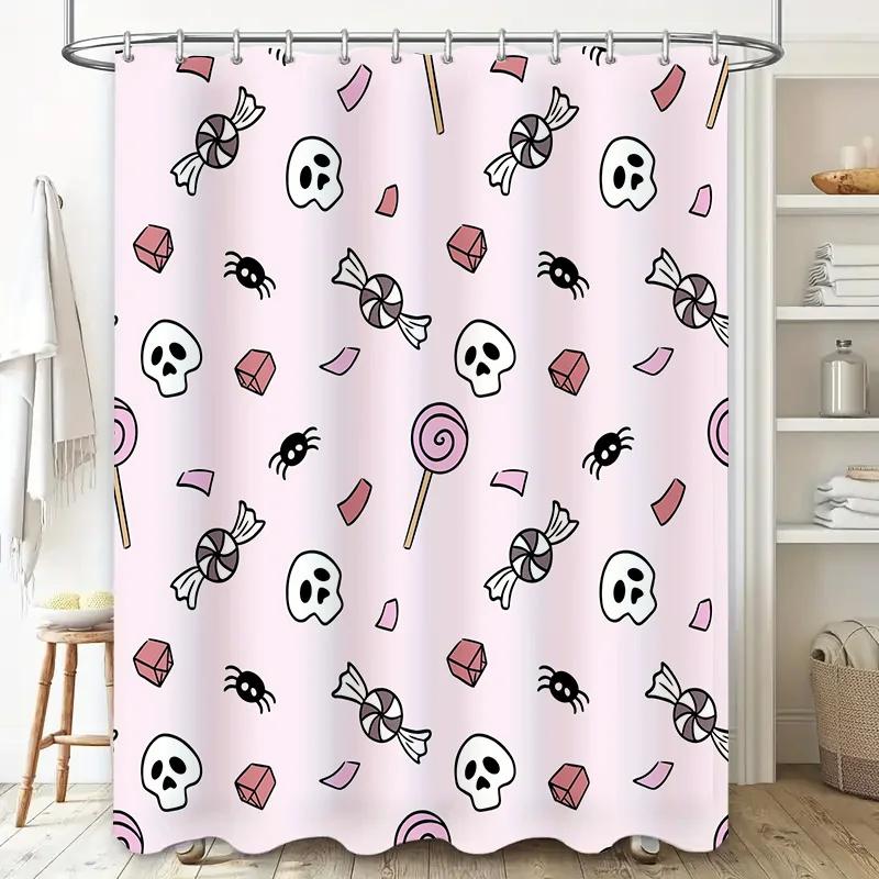 Haute Couture Shower CurtainHalloween Candy Pattern in Soft Pink with Skulls, Spiders Witches Hats Decor for Bathroom