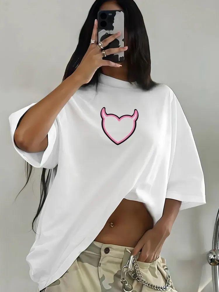 2025 New Arrival: Love Heart Loose Print Pure Cotton Summer Top - Short Sleeve T-shirt