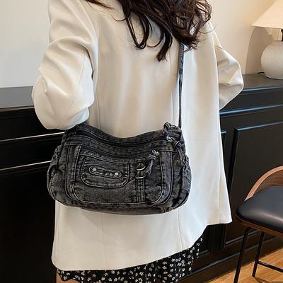 Vintage Washed Denim Bag Multi-pocket Commuter Practical Shoulder Messenger Bag Tote Bag 2025 New Bag