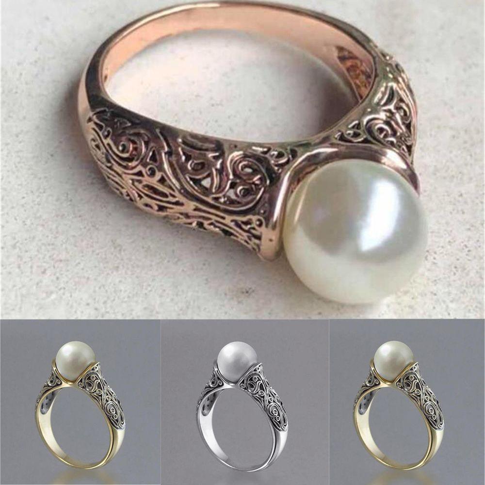 Charm Gift Vintage Wedding Jewelry 14K Yellow Gold Plated White Pearl Ring