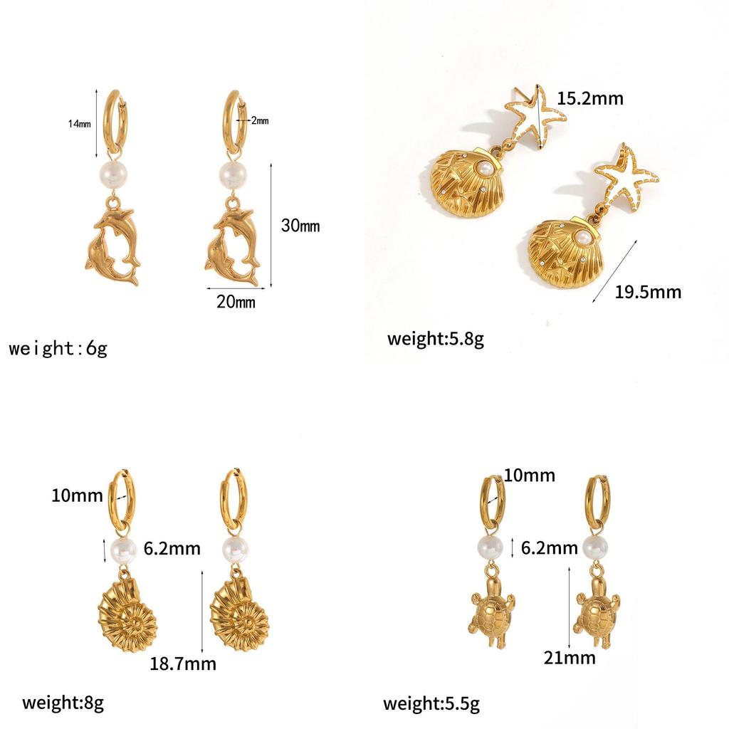 Brincos Série Oceano de Conchas e Cavalos-marinhos em Aço Inoxidável com Banhos de Ouro para Mulheres
