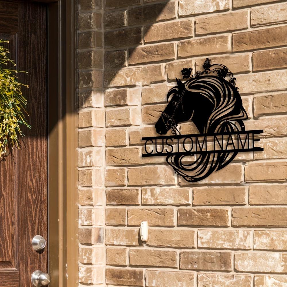 1pc Custom Metal Horse Skull Wall Sculpture, Personalized Inscription, Rustic Home Decor, Balcony & Courtyard Ornament, Gift, Custom Sign.