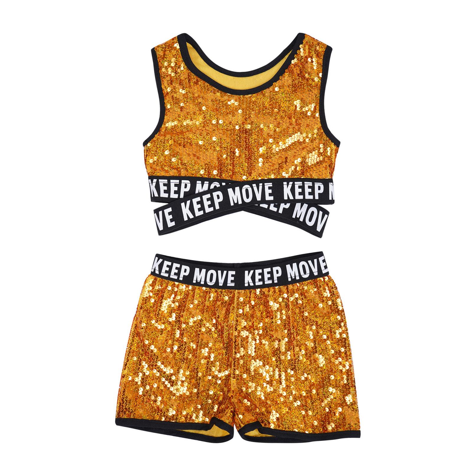 

Сучасний джазовий танцювальний костюм для дітей, дівчаток, укорочений топ із блискучими блискітками та шортами, комплекти танцювального одягу 11-12 Years золотий